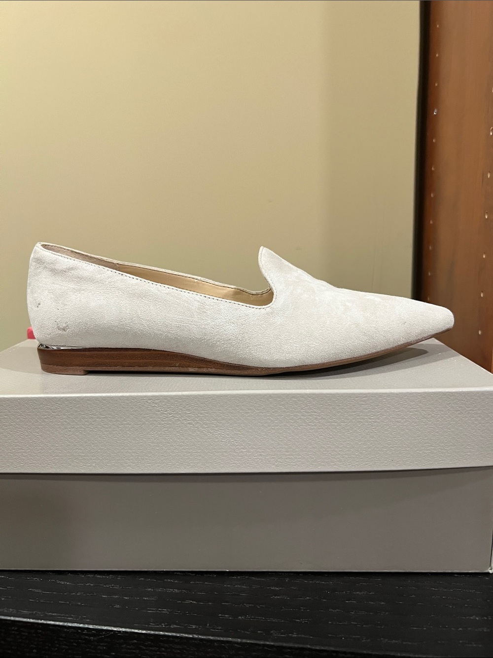 Franco Sarto White Pointed Suede Slip-On Loafers